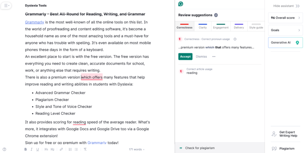 Screenshot of proofreading this very article about dyslexia tools using Grammarly