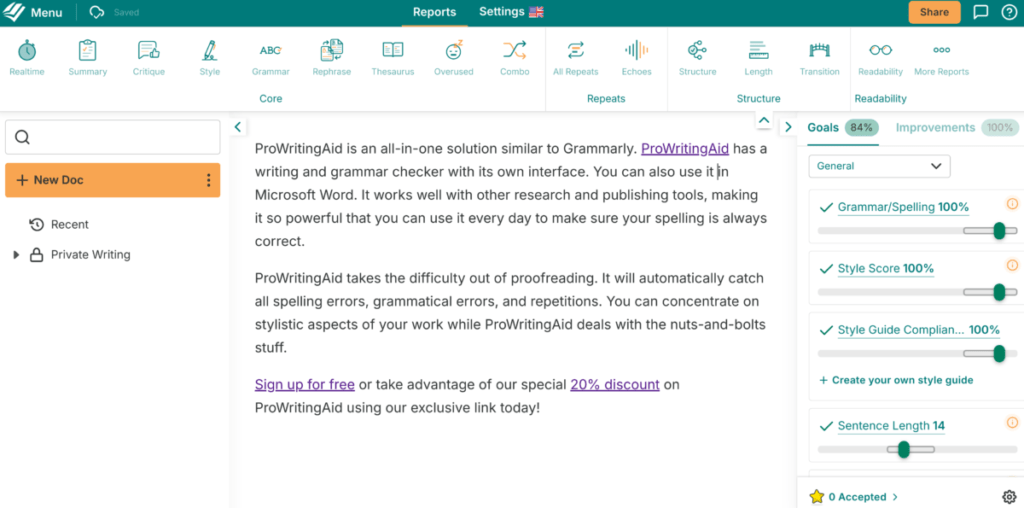 Screenshot of ProWritingAid in use writing this article