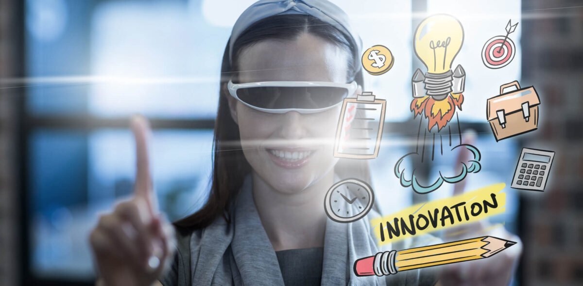 Girl wearing futuristic goggles touching a virtual screen showing idea graphics.