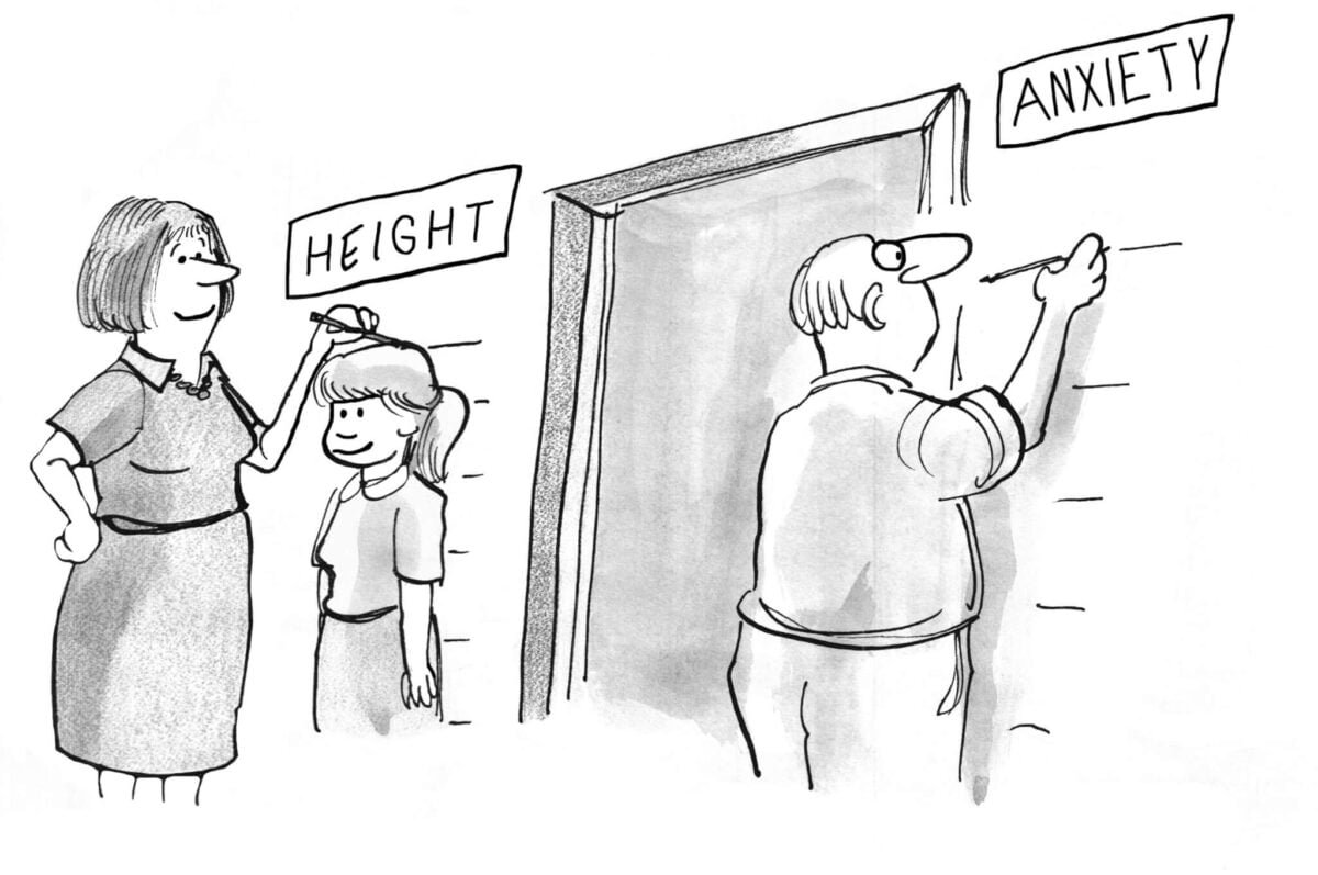 man woman and child measuring height against a wall representing myths about anxiety - cartoon