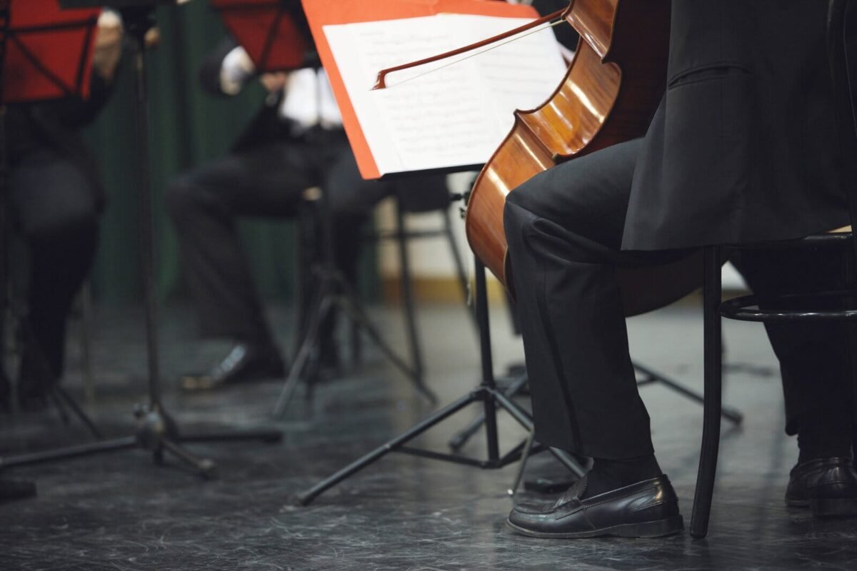 Leg shot of man in suit playing cello in orchestra