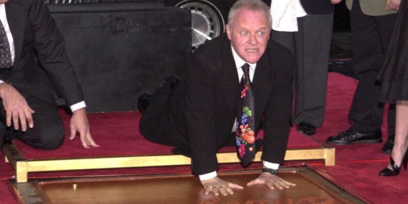 Anthony Hopkins pulling silly face at his handprint ceremony, Chinese Theater, Hollywood, 01-11-01