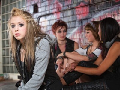 Autistic masking group of teenagers young girl is isolated from her friends