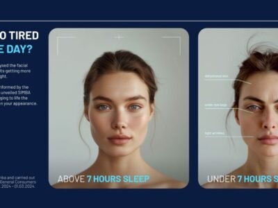 SIMBA AI Infographic Showing effects of lack of sleep on girl's face.