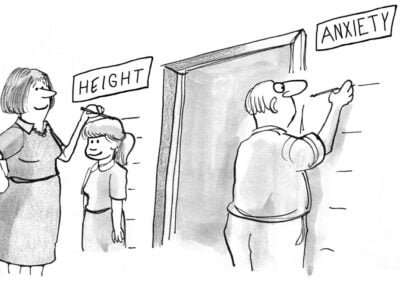 man woman and child measuring height against wall to represent anxiety