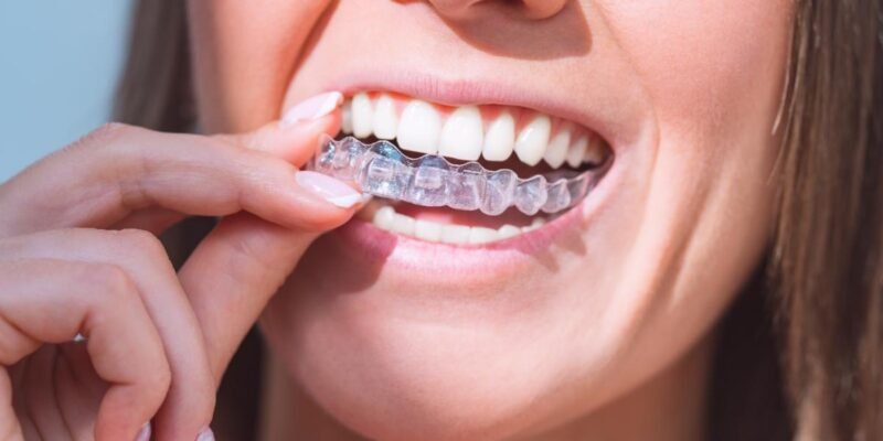 Woman with perfect smile wearing invisible dental aligners for dental correction. High quality photo