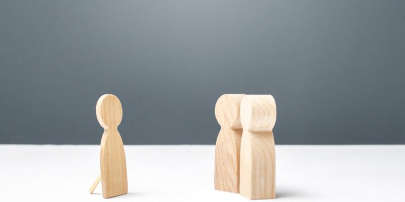 Two persons looking at a false human figure. Gaslighting, unreliability, deceit and fraud. Unworthy of trust and confusing people around. Communication difficulties, Absence. a Dummy.