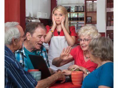 young waitress hypersensitive arguing with seniors