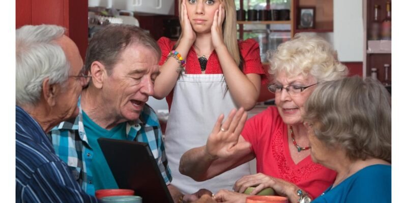 young waitress hypersensitive arguing with seniors